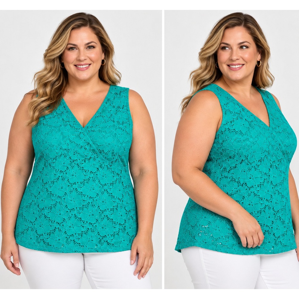 INC International Concepts Blouse Womens 1X Teal Green Lace Faux Wrap Tank Top